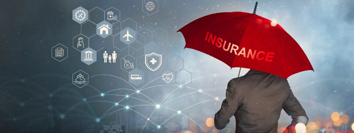 Insurance concept, Businessman holding red umbrella on falling rain with protect with icon business, health, financial, life, family, accident and logistics insurance on city background
