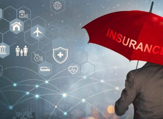 Insurance concept, Businessman holding red umbrella on falling rain with protect with icon business, health, financial, life, family, accident and logistics insurance on city background