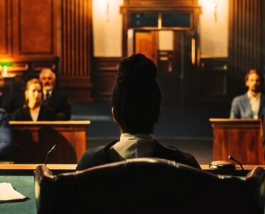 Court of Law Trial: Female Judge and and Jury Sit, Start of a Civil Case Hearing. Proceedings in Motion to Rule Out a Sentence. Defendant is Not Convicted nor Not Guilty.