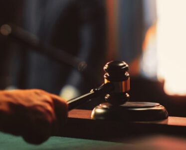 Cinematic Court of Law and Justice Trial: Judge Ruling Out a Positive Decision in a Civil Family Case, Close Up of a Striking Gavel to End Hearing.