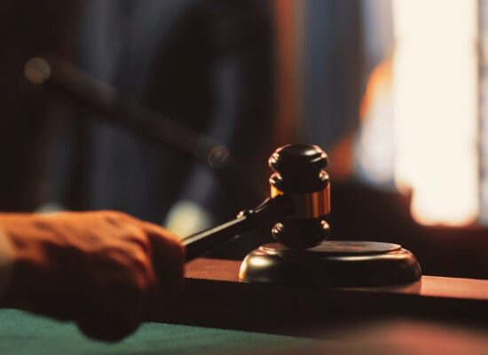 Cinematic Court of Law and Justice Trial: Judge Ruling Out a Positive Decision in a Civil Family Case, Close Up of a Striking Gavel to End Hearing.