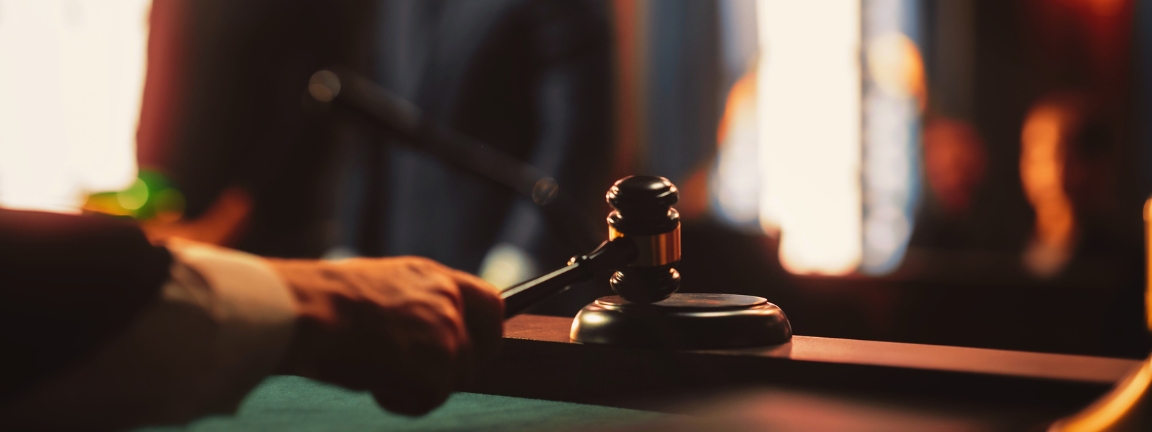 Cinematic Court of Law and Justice Trial: Judge Ruling Out a Positive Decision in a Civil Family Case, Close Up of a Striking Gavel to End Hearing.