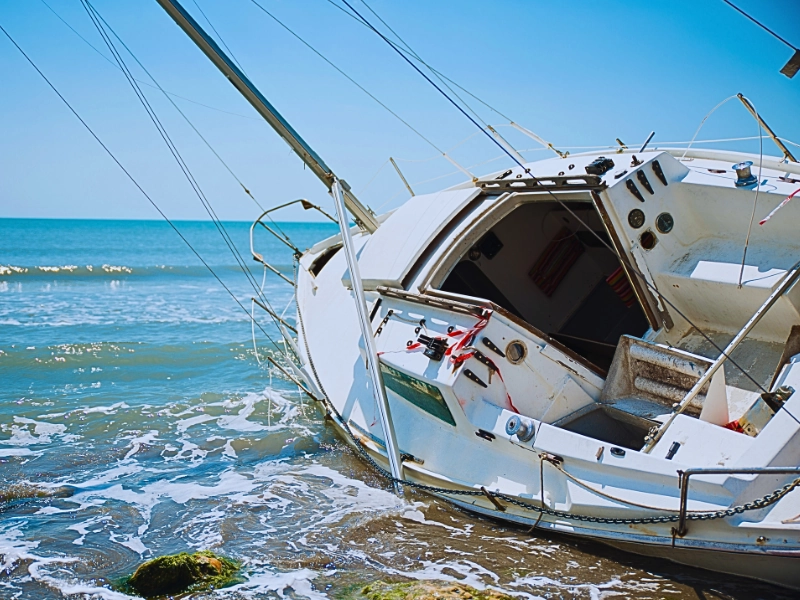 Sailboat wrecked and stranded on beach. boating accidents