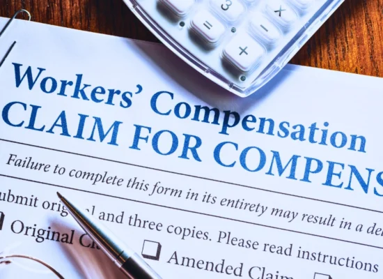 Workers' Compensation form with pen and glasses. Injured while driving for work