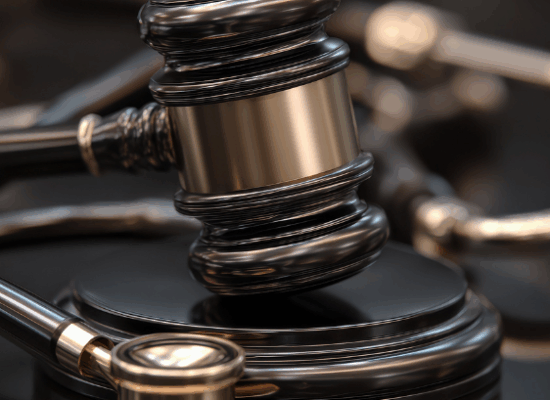 Bloomington Illinois medical malpractice lawyer Terry Dodds at Dodds Law Office portrayed by a gavel and stethoscope on reflective surface