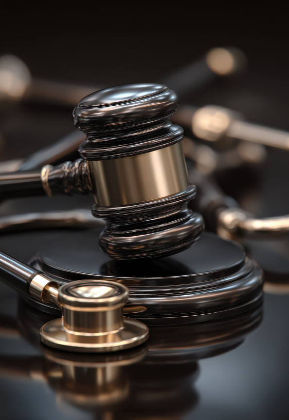 Bloomington Illinois medical malpractice lawyer Terry Dodds at Dodds Law Office portrayed by a gavel and stethoscope on reflective surface