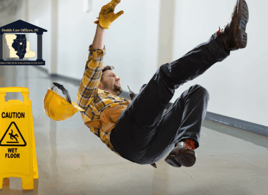 slip and fall attorney in Bloomington Illinois portrayed by person slipping on wet floor warning